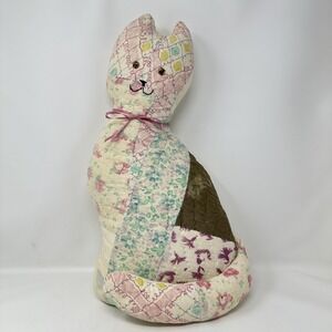 Vintage Handmade Patchwork Quilted Cat Stuffed Pillow Shabby Chic Primitive‎ Old